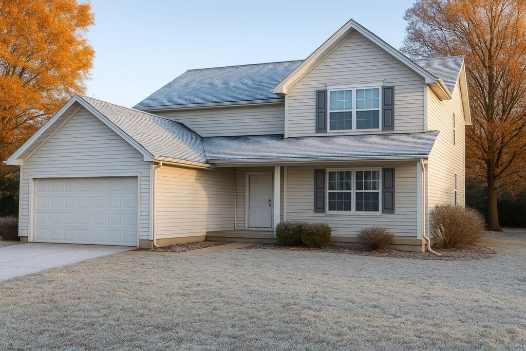 a two-story Kansas home roof before winter snowfall. Cold weather with frost on roof and grass