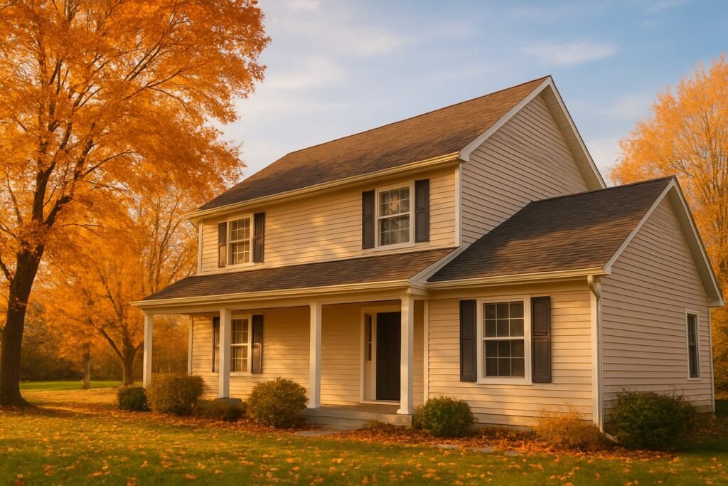 Two-story suburban home with a gable roof in a warm fall setting, golden sunlight, and trees with orange and yellow leaves.