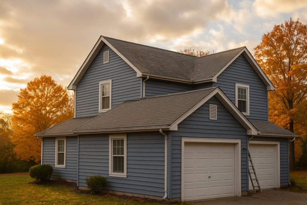 A roofing technician inspects a Kansas home for hidden hail and storm damage before winter snowfall.