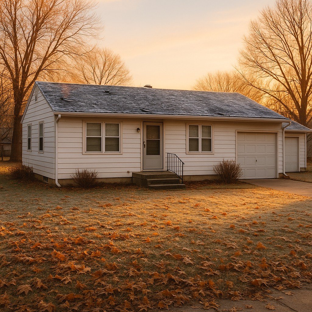 A Kansas home in late fall with light frost on the roof, showing early signs of small roof damage that can become costly winter repairs.