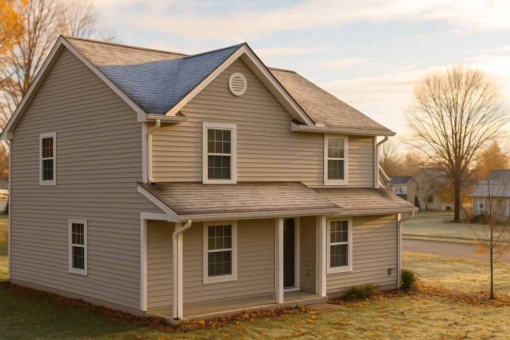 A Kansas home in late fall with gutters, roof edges, and attic vents visible, representing the triple threat of gutters, ice, and attic insulation issues during winter.