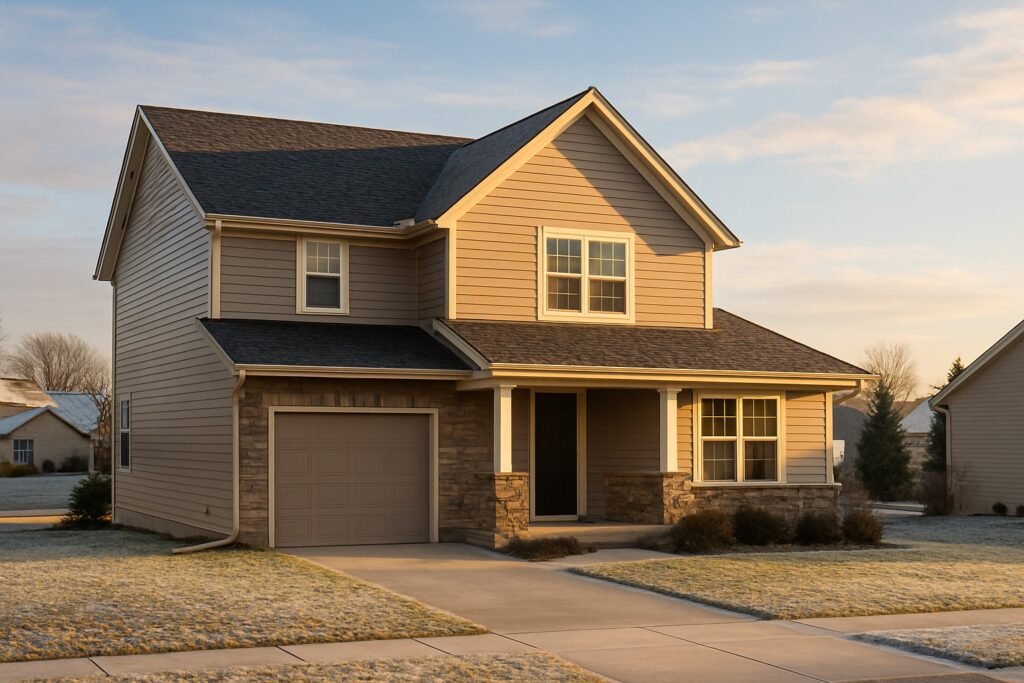 A Kansas home with a new, durable roof in early winter sunlight, symbolizing the strength and reliability of Invictus Roofing.