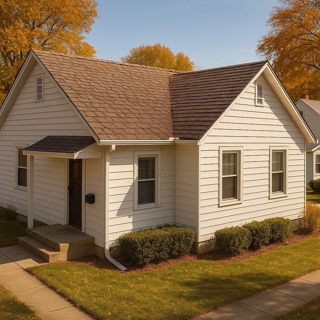 A photorealistic suburban Kansas home with an older, worn asphalt shingle roof showing curling, granule loss, and discoloration. The one-story white lap-sided house sits in warm midday sunlight with subtle fall colors in the background, visually representing the need for roof repair or replacement.