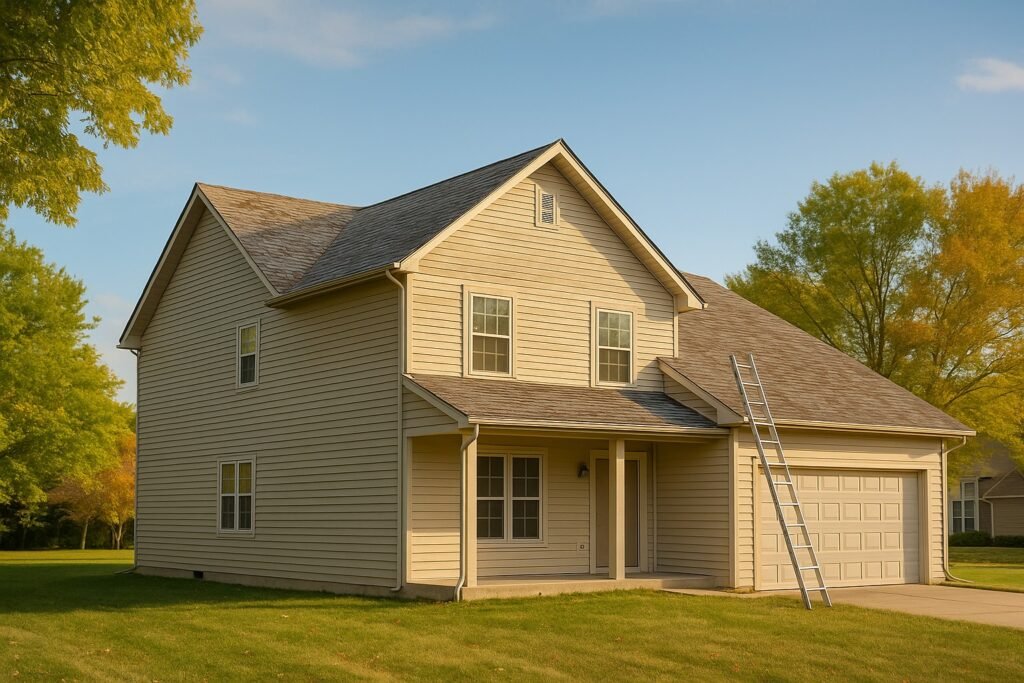 A Kansas home with an aging roof showing subtle wear, ideal for visualizing roof replacement timelines and lifespan concerns.