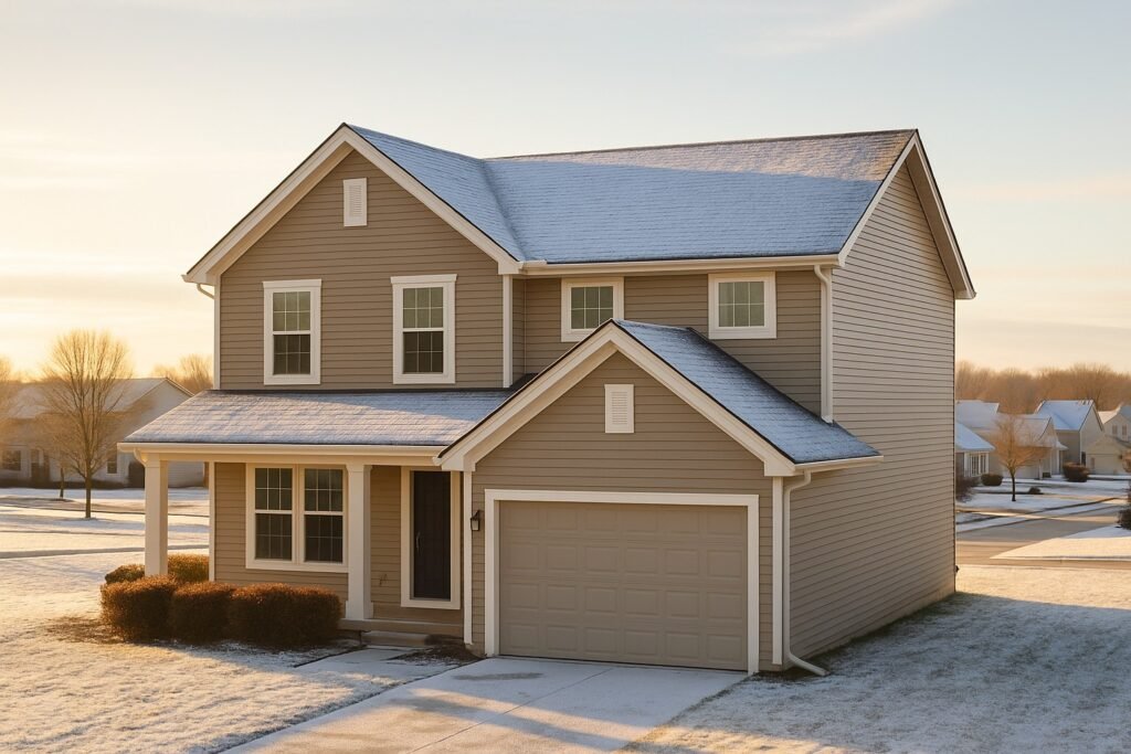 A Kansas home with a new roof and light snow under golden sunlight, representing Invictus Roofing’s ability to replace and repair roofs safely in winter.