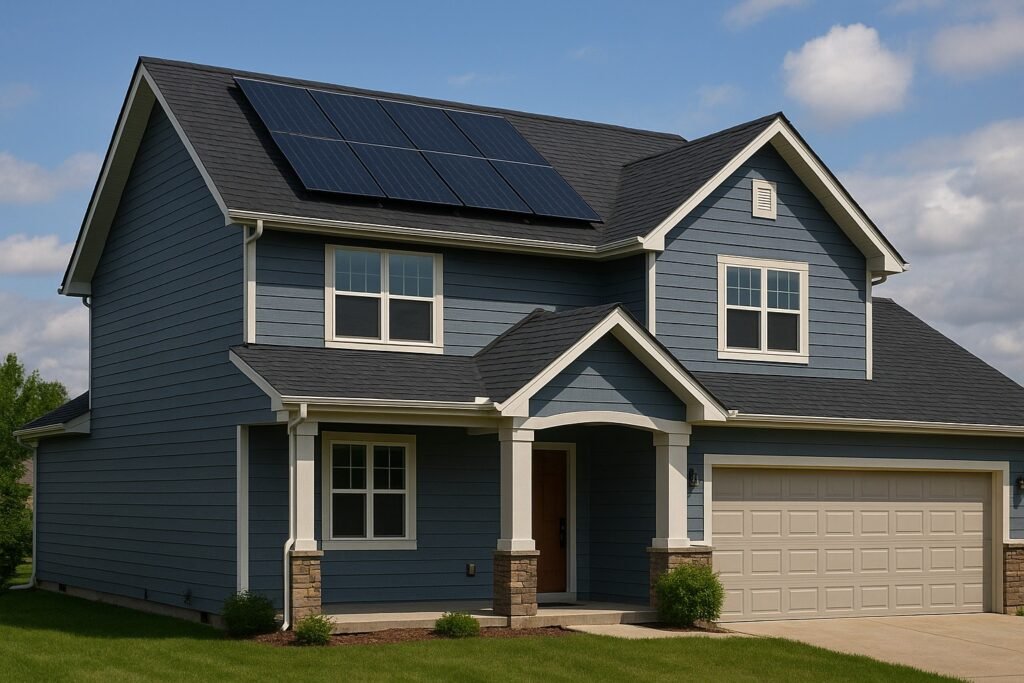 Kansas home with new impact-resistant shingles and rooftop solar panels, with two contractors inspecting the roof from the yard under soft daylight.