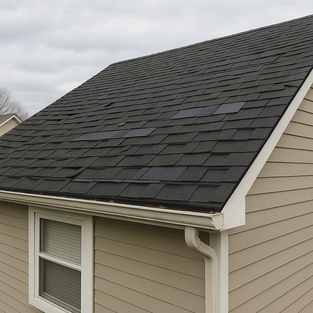 Close-up of new shingles installed next to old worn shingles on a Kansas home, showing the difference in quality after roof replacement.