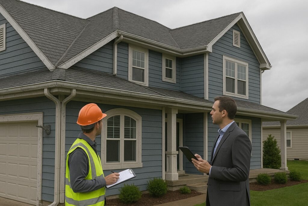 Roofer and insurance adjuster inspecting a Kansas home’s roof for hail damage after a storm.