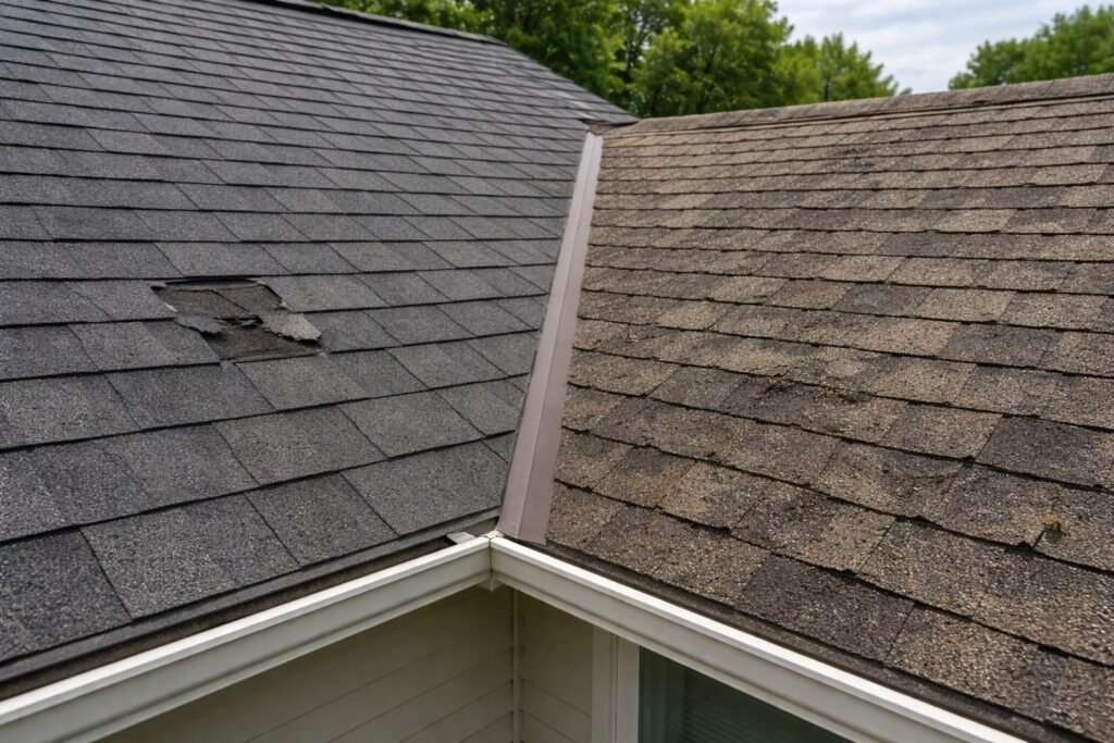 Kansas home roof showing a small repairable shingle area next to an older worn roof section that may require replacement.