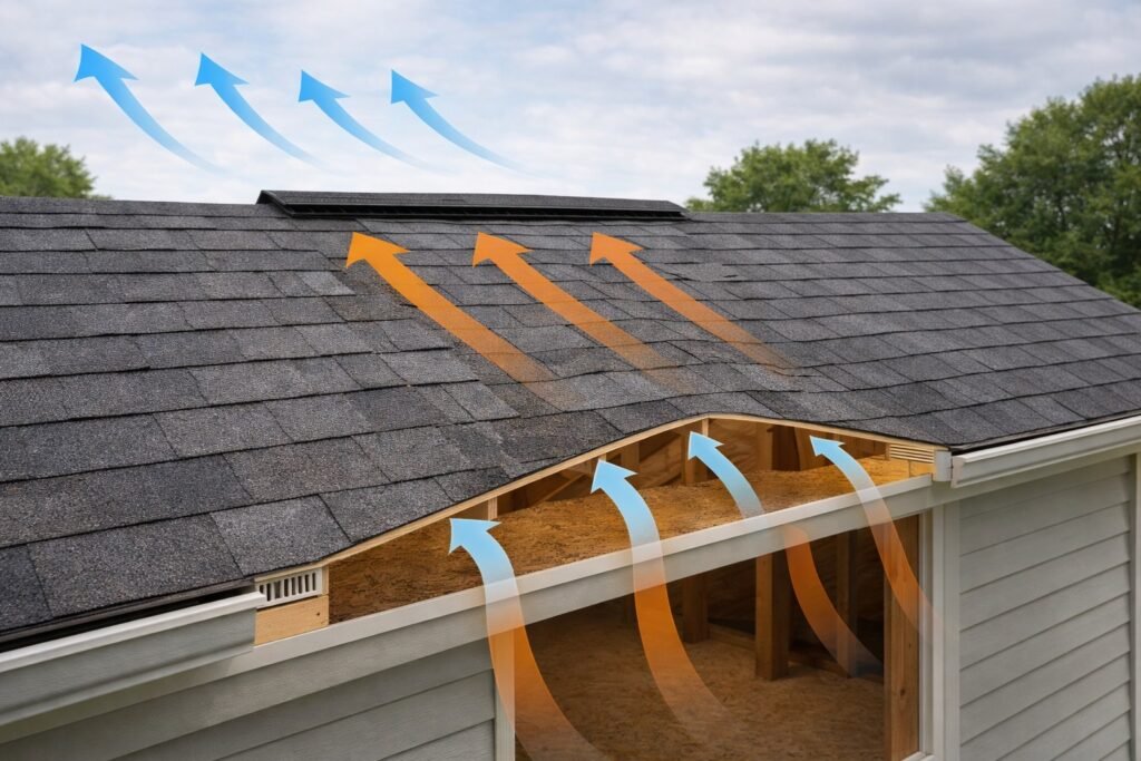 Kansas home roof with ridge vent and soffit vents illustrating proper attic airflow and roof ventilation.